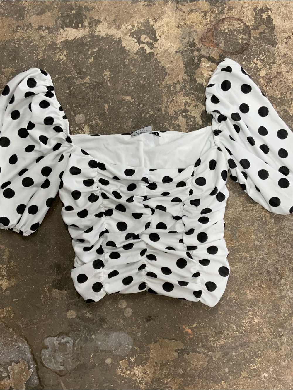 Asos Polka Dot Ruched Puff-Sleeve Crop Top - White/Black